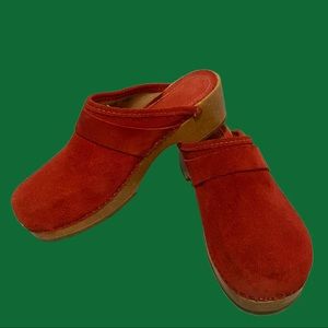 Red Suede Clogs With Wood and Rubber Grip Sole
